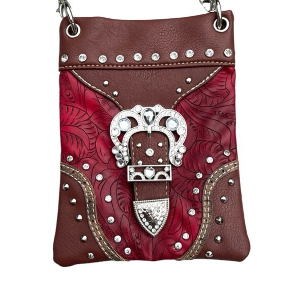 Western Faux Leather Red Mini Purse Rhinestone Buckle Stampede Cowgirl Country - Picture 1 of 11